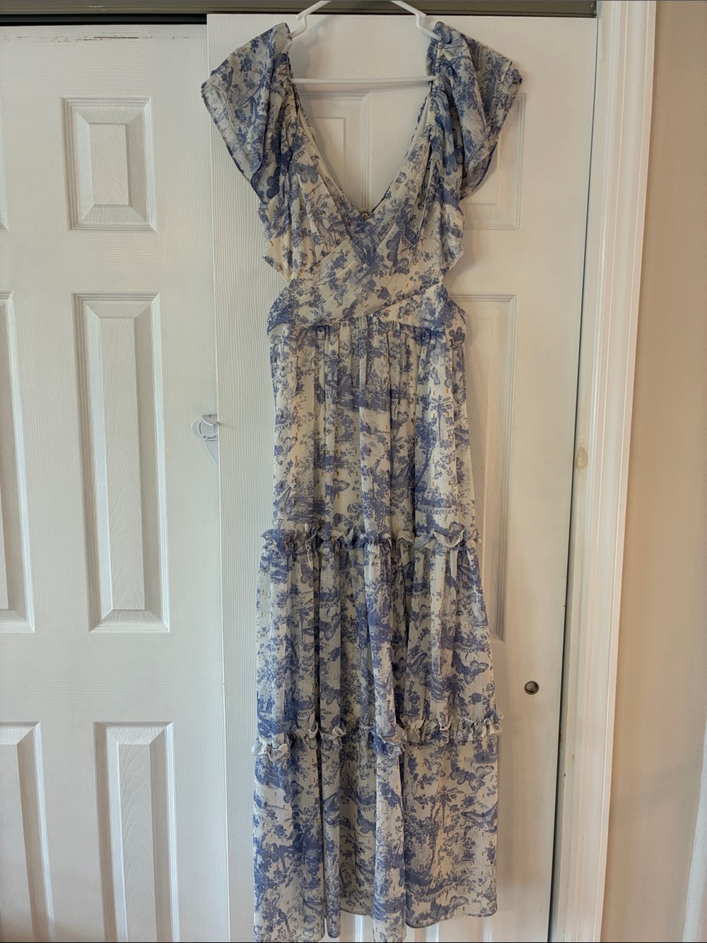 Aqua Blue and Cream Floral Ruffle Maxi Dress